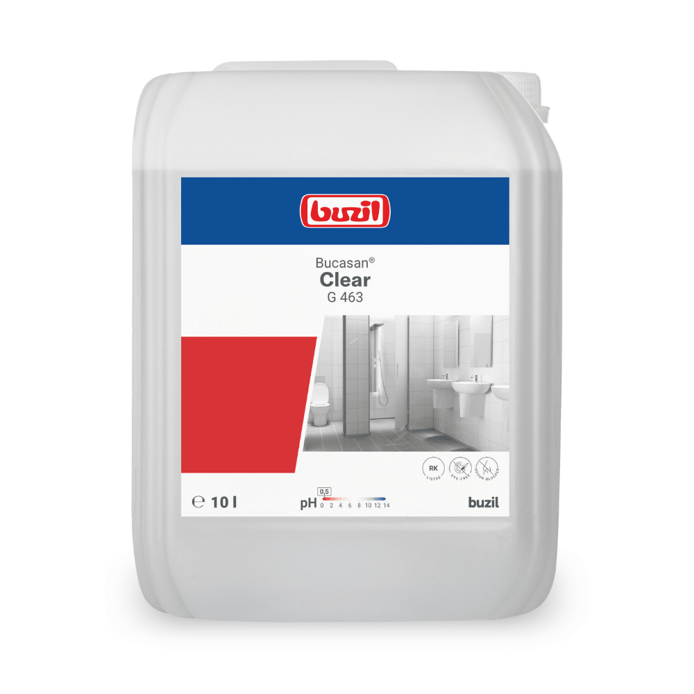 Un conteneur de 10 litres de Buzil Bucasan® Clear G 463 Nettoyant sanitaire d'entretien sans colorant avec bloqueur d'odeurs, avec le logo de la marque BUZIL-WERK Wagner GmbH & Co. KG, le nom du produit, une image de salle de bains et un pH de 3. Idéal pour l'entretien sanitaire régulier avec une fonction efficace d'élimination du calcaire. En plastique avec poignée et bouchon à vis.