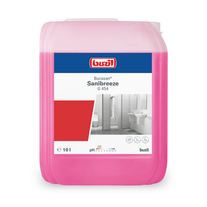 Un contenant rose de 10 litres de Buzil Bucasan® Sanibreeze G 454 nettoyant sanitaire, fabriqué par BUZIL-WERK Wagner GmbH & Co. KG, est équipé d'une étiquette montrant le logo de la marque, le nom du produit et une image de salle de bain. Il met en avant sa capacité à éliminer les dépôts calcaires et à maintenir les surfaces impeccables grâce à sa formule à base d'acide citrique avec bloqueur d'odeurs.