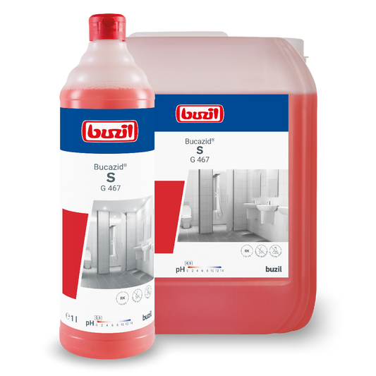 Eine rote Flasche und ein größerer roter Behälter, beide mit dem Logo der BUZIL-WERK Wagner GmbH & Co. KG und „Buzil Bucazid® S G 467 Sanitärreiniger mit Geruchsblocker“, zeigen Bilder eines Badezimmers mit Toilette und Waschbecken. Dieser leistungsstarke Reiniger verwendet Amidosulfonsäure für eine verbesserte Reinigungswirkung. Die Flasche enthält 1 Liter, während der Behälter größer ist.