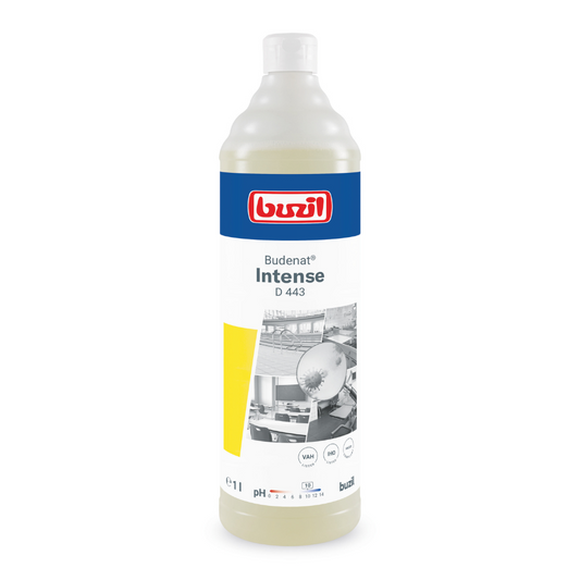 Eine 1-Liter-Flasche Buzil Budenat® Intense D 443 Hocheffizienter Desinfektionsreiniger von BUZIL-WERK Wagner GmbH & Co. KG ist mit blau-rotem Branding und Bildern versehen, die saubere Umgebungen repräsentieren. Sie enthält pH-Angaben und Gebrauchsanweisungen und ist damit ideal für HACCP-Konzept-Anwendungen, um eine bakterizide Wirksamkeit in professionellen Umgebungen sicherzustellen.