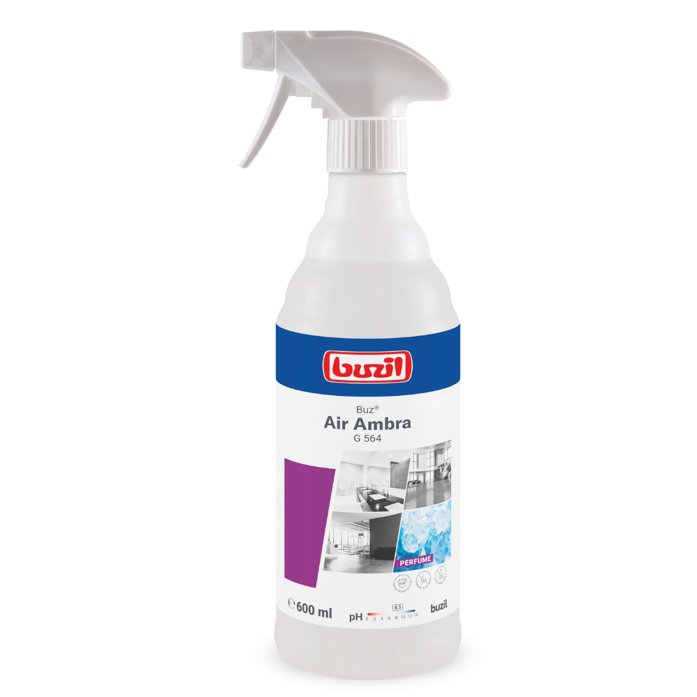 Voici une phrase réécrite en utilisant les données de produit fournies :

Un flacon pulvérisateur blanc avec Buzil Buz® Air Ambra G 564 Spray prêt à l'emploi avec bloqueur d'odeurs actif de BUZIL-WERK Wagner GmbH & Co. KG dispose d'une buse de pulvérisation pour une application facile. L'étiquette est bleue, violette et blanche et montre des images d'une cuisine et d'une salle de bain. Cette bouteille de 600 ml contient un spray prêt à l'emploi avec un bloqueur d'odeurs actif pour un parfum durable.