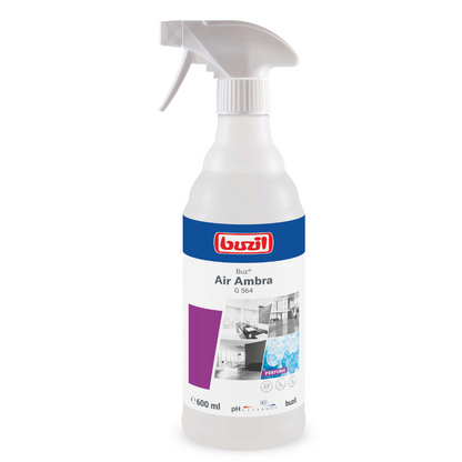 Voici une phrase réécrite en utilisant les données de produit fournies :

Un flacon pulvérisateur blanc avec Buzil Buz® Air Ambra G 564 Spray prêt à l'emploi avec bloqueur d'odeurs actif de BUZIL-WERK Wagner GmbH & Co. KG dispose d'une buse de pulvérisation pour une application facile. L'étiquette est bleue, violette et blanche et montre des images d'une cuisine et d'une salle de bain. Cette bouteille de 600 ml contient un spray prêt à l'emploi avec un bloqueur d'odeurs actif pour un parfum durable.