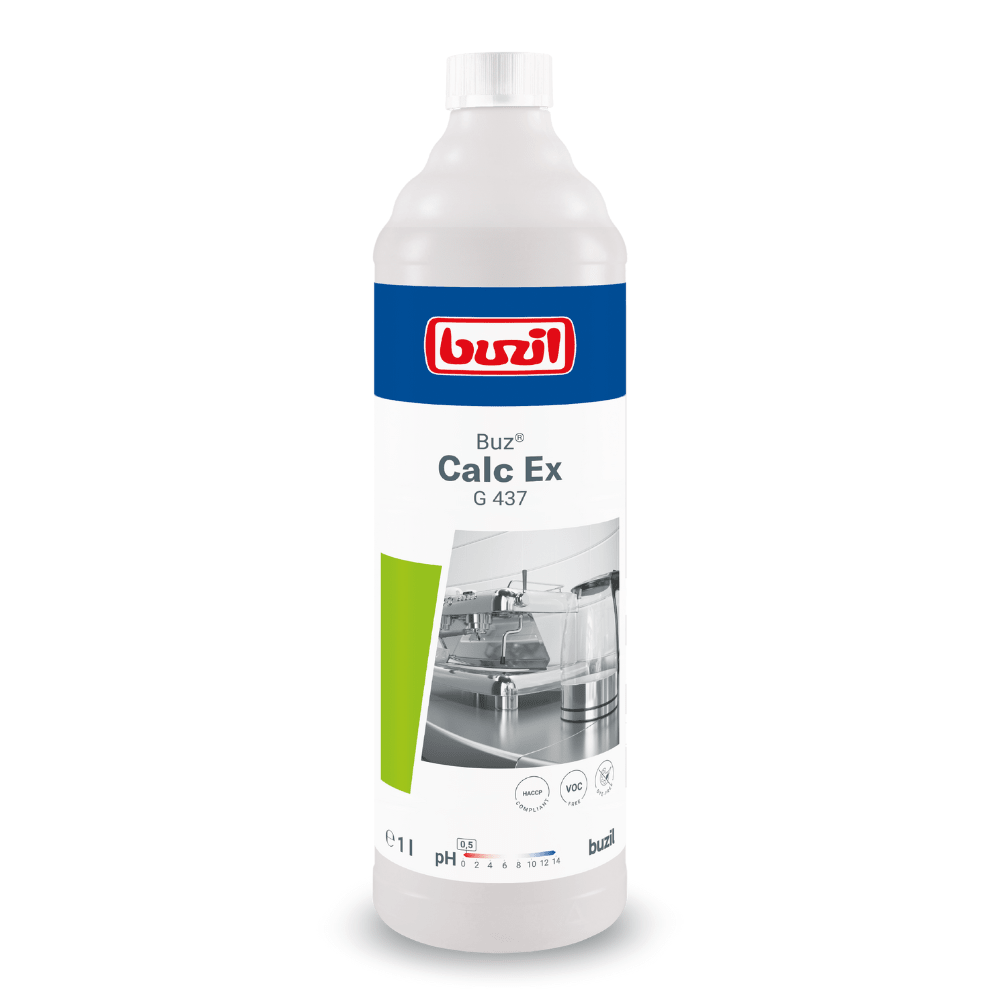 L'image montre le Buzil Buz® Calc Ex G 437 Détartrant universel haute performance. L'étiquette présente une image d'un évier de cuisine, des informations sur le produit et en haut un logo bleu-rouge sous la marque BUZIL-WERK Wagner GmbH & Co. KG. Cette bouteille blanche contient 1 litre de liquide et est formulée pour répondre aux exigences HACCP pour un nettoyage efficace.