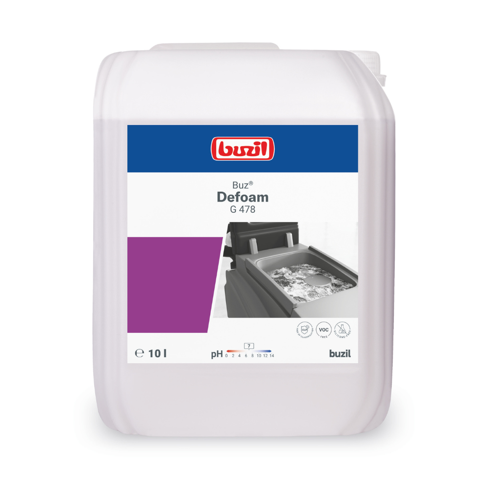 Un récipient blanc de 10 litres de BUZIL-WERK Wagner GmbH & Co. KG avec l'inscription « Buzil Buz® Defoam G 478 Anti-mousse pour machines » montre une image de mousse dans une machine et met en avant, en plus des informations sur le pH et le volume, les propriétés anti-mousse pour les appareils de nettoyage.