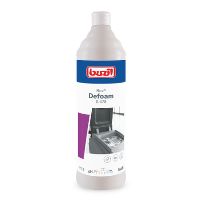 Une bouteille de Buzil Buz® Defoam G 478 Anti-mousse pour machines, fabriquée par BUZIL-WERK Wagner GmbH & Co. KG, est présentée avec une étiquette blanche portant une marque bleue et rouge. La bouteille a été conçue pour des fins anti-mousse et montre une image de mousse sur une surface à traiter. La capacité de 1 litre la rend idéale pour la réduction de mousse dans diverses machines de nettoyage.
