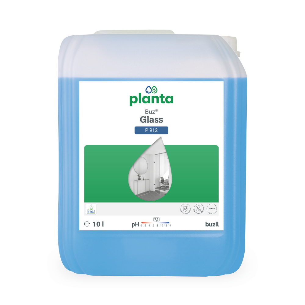 Un conteneur de 10 litres de Buzil Planta Buz® Glass P 912 Nettoyant écologique pour vitres et surfaces de BUZIL-WERK Wagner GmbH & Co. KG, avec du liquide bleu à l'intérieur. L'étiquette montre une image de goutte sur un rectangle vert et contient des symboles qui mettent en avant les propriétés certifiées écologiques et pH neutres.