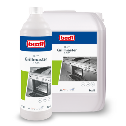 Exposés sont une bouteille et un grand conteneur Buzil Buz® Grillmaster G 575 Nettoyant pour gril et four à haute alcalinité de BUZIL-WERK Wagner GmbH & Co. KG. Sur chaque étiquette, on voit une image d'un gril propre ainsi que des détails sur le produit et le nom de la marque, soulignant son efficacité contre les résidus de gril tenaces.