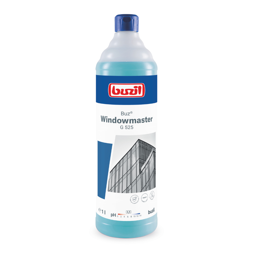 Une bouteille de Buzil Buz® Windowmaster G 525 concentré nettoyant pour vitres et fenêtres de BUZIL-WERK Wagner GmbH & Co. KG avec un bouchon bleu et une étiquette avec l'image d'un bâtiment avec des fenêtres en verre. La bouteille promet un nettoyage sans traces et est marquée avec un volume de 1 litre et des informations sur le pH pour des performances optimales.