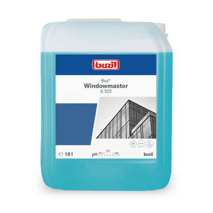 Sur un conteneur bleu de 10 litres avec Buzil Buz® Windowmaster G 525 concentré nettoyant pour vitres et fenêtres de BUZIL-WERK Wagner GmbH & Co. KG, une étiquette avec l'image d'un bâtiment avec des fenêtres en verre est apposée. Il est également fait mention de la formule à séchage rapide, avec une plage de pH d'environ 7 indiquée.