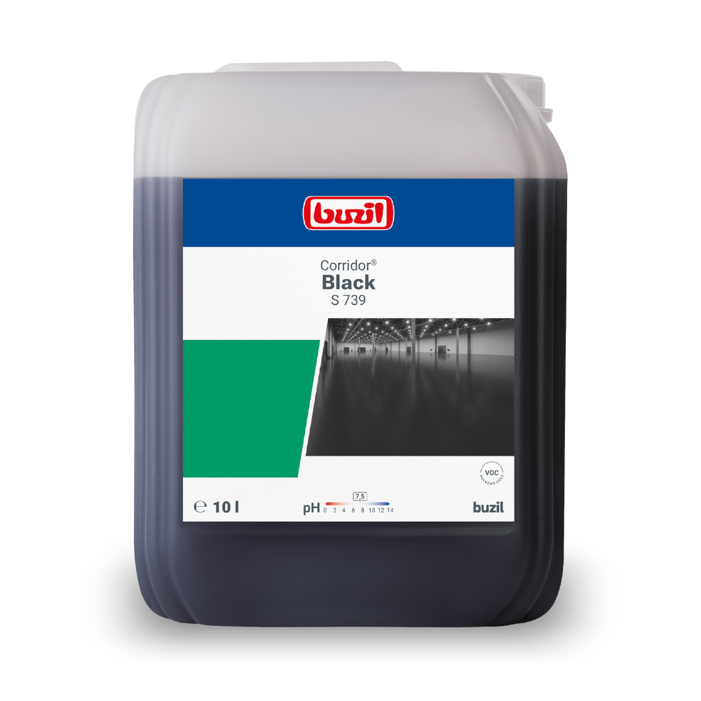 Un bidon de 10 litres de Buzil Corridor® Black S 739 Dispersion noire, parfait pour l'entretien professionnel des sols. Le récipient principalement noir contient une étiquette blanc-vert avec le nom du produit et une image d'un sol poli, idéal pour obtenir cette finition de dispersion noire.