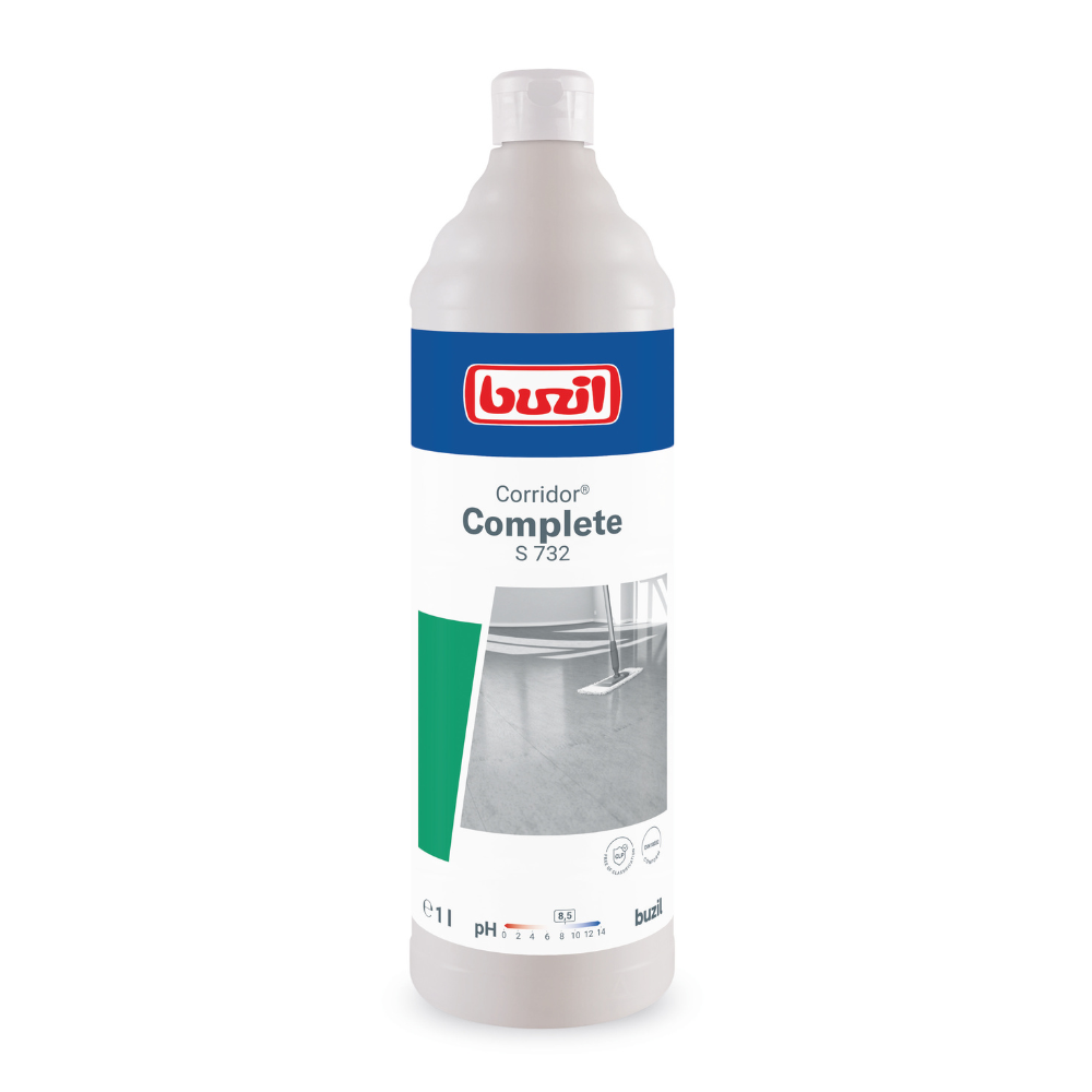 Une bouteille de 1 litre de Buzil Corridor® Complete S 732 émulsion multi-usages nettoyant de surface de BUZIL-WERK Wagner GmbH & Co. KG est conçue pour les sols résistants à l'eau. L'emballage est doté d'une étiquette bleue avec des accents rouges et verts, mettant en avant une image d'un sol propre et sa formule d'émulsion multi-usages ainsi que des informations sur le pH et des instructions d'application.