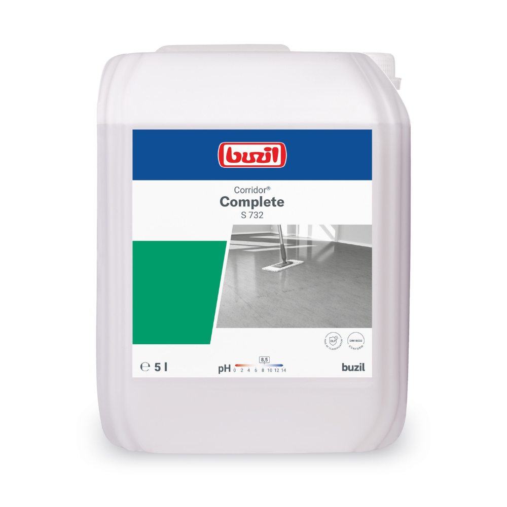 Un récipient de 5 litres de Buzil Corridor® Complete S 732 émulsion multi-usages nettoyant de surface. L'étiquette porte le logo de BUZIL-WERK Wagner GmbH & Co. KG, le nom du produit, les indications de pH et l'image d'un sol propre avec une serpillière, ce qui le rend idéal pour les revêtements de sol résistants à l'eau.