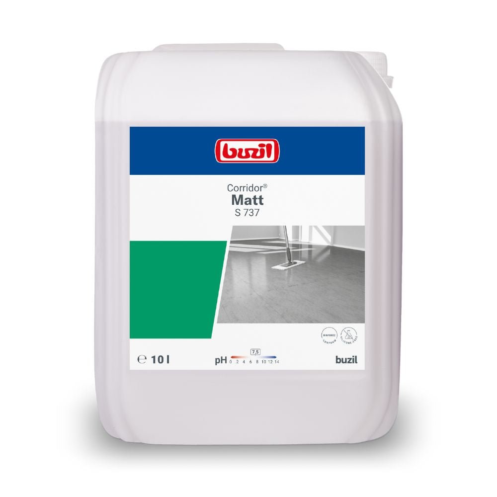 Un bidon de 10 litres de la dispersion satinée mate Buzil Corridor® Matt S 737, fabriqué par BUZIL-WERK Wagner GmbH & Co. KG, est doté d'une finition semi-mate sur l'étiquette. Celle-ci présente le logo de la marque, le nom du produit ainsi qu'une illustration de revêtements de sol, des éléments de design en vert et gris complètent l'apparence.