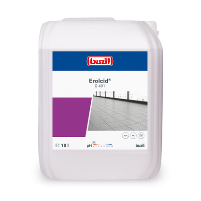 L'image montre un récipient de 10 litres de Buzil Erolcid® G 491 Nettoyant intensif acide pour carrelage en grès cérame de BUZIL-WERK Wagner GmbH & Co. KG, qui dégage un parfum rafraîchissant d'agrumes. L'étiquette contient le logo Buzil, un rectangle violet et une image de carrelage en grès cérame. Le pH du produit est indiqué à 1.