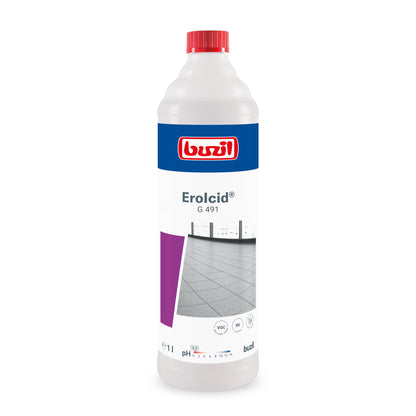 Buzil Erolcid® G 491 de BUZIL-WERK Wagner GmbH & Co. KG est un nettoyant acide spécial pour carrelage en grès cérame. Il dégage un parfum d'agrumes et possède un bouchon rouge distinctif et un logo bleu-rouge sur l'emballage, sur l'étiquette duquel figure une image de carrelage en grès cérame. Cette solution de 1 litre possède également un pH pour garantir un nettoyage efficace.