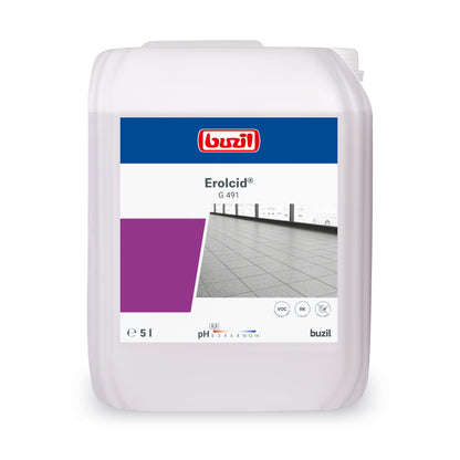 Un récipient de 5 litres de Buzil Erolcid® G 491 Nettoyant intensif acide pour carrelage en grès cérame dégage un parfum rafraîchissant d'agrumes. Sur l'étiquette figurent le logo de la marque BUZIL-WERK Wagner GmbH & Co. KG, le nom du produit et une image de carrelage en grès cérame, ce qui souligne l'effet nettoyant particulier.