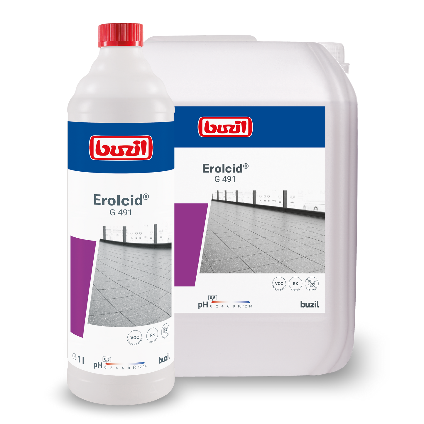Exposés sont une bouteille en plastique et un récipient avec Buzil Erolcid® G 491 Nettoyant intensif acide pour carrelage en grès cérame, avec le logo de la marque BUZIL-WERK Wagner GmbH & Co. KG et une image de sol en carrelage sur l'étiquette. La bouteille avec le bouchon rouge est un nettoyant spécialisé idéal pour le carrelage en grès cérame, enrichi d'un parfum rafraîchissant d'agrumes.