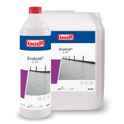Exposés sont une bouteille en plastique et un récipient avec Buzil Erolcid® G 491 Nettoyant intensif acide pour carrelage en grès cérame, avec le logo de la marque BUZIL-WERK Wagner GmbH & Co. KG et une image de sol en carrelage sur l'étiquette. La bouteille avec le bouchon rouge est un nettoyant spécialisé idéal pour le carrelage en grès cérame, enrichi d'un parfum rafraîchissant d'agrumes.