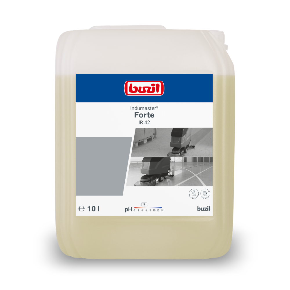 Un bidon de 10 litres de Buzil Indumaster® Forte IR 42 nettoyant industriel et sportif contenant des solvants de BUZIL-WERK Wagner GmbH & Co. KG sert de nettoyant efficace pour les sols industriels et sportifs. Le récipient clair est marqué d'une étiquette gris-blanc sur laquelle figurent le logo de la marque, le nom du produit ainsi que des illustrations d'appareils de nettoyage.