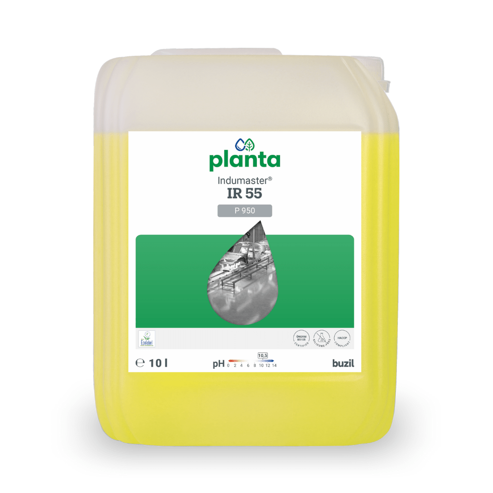 Un récipient de 10 litres avec Buzil Indumaster® IR 55 P 950, un nettoyant industriel universel écologique. Le bidon transparent contient un liquide jaune avec une étiquette blanche accentuée de vert, sur laquelle sont représentées des images de gouttes d'eau et de tuyaux industriels, et où le nom de la marque « BUZIL-WERK Wagner GmbH & Co. KG » est clairement visible.