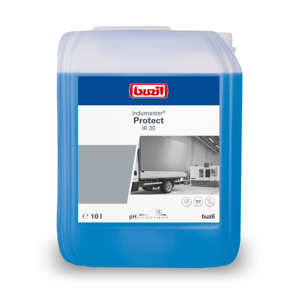 Un bidon de 10 litres de Buzil Indumaster® Protect IR 30 nettoyant pour machines et bâches de BUZIL-WERK Wagner GmbH & Co. KG est muni d'une étiquette sur laquelle se trouvent une image de camion ainsi que des informations telles que le pH et le nom du produit. Ce récipient bleu avec un couvercle blanc est connu pour son pouvoir nettoyant et sa protection contre la corrosion et offre une performance de nettoyage exceptionnelle.