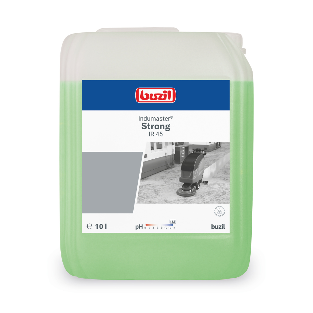Un conteneur de 10 litres de Buzil Indumaster® Strong IR 45 Nettoyant industriel haute performance hautement alcalin, conçu pour une utilisation sur des sols résistants aux alcalis. L'étiquette montre une machine de nettoyage sur une surface polie, à l'intérieur brille le liquide vert clair. La poignée du conteneur est confortablement placée en haut à droite. Ce produit provient de BUZIL-WERK Wagner GmbH & Co. KG.