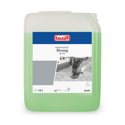 Un conteneur de 10 litres de Buzil Indumaster® Strong IR 45 Nettoyant industriel haute performance hautement alcalin, conçu pour une utilisation sur des sols résistants aux alcalis. L'étiquette montre une machine de nettoyage sur une surface polie, à l'intérieur brille le liquide vert clair. La poignée du conteneur est confortablement placée en haut à droite. Ce produit provient de BUZIL-WERK Wagner GmbH & Co. KG.