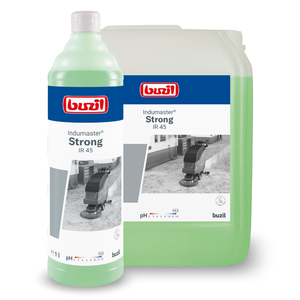 Abgebildet sind zwei Behälter mit Buzil Indumaster® Strong IR 45 Hochalkalischer Hochleistungs-Industriereiniger von BUZIL-WERK Wagner GmbH & Co. KG. Die kleinere Flasche, die für den Einsatz auf alkalibeständigen Böden vorgesehen ist, ist an einem weißen Verschluss zu erkennen und enthält eine grüne Flüssigkeit. Der größere Behälter ist ein durchscheinender Krug mit einem Etikett, das eine Bodenreinigungsmaschine für Industriereiniger-Anwendungen zeigt.