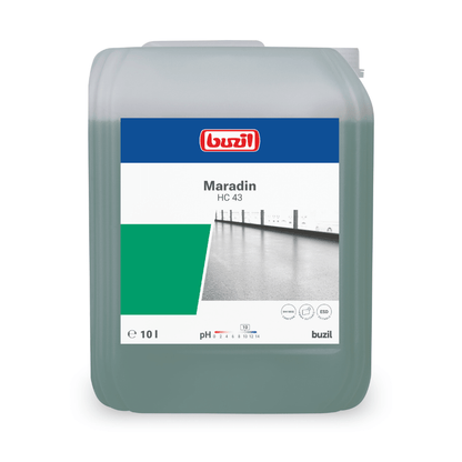 Un contenant de 10 litres Buzil Maradin HC 43 Nettoyant intensif polyvalent hautement concentré de BUZIL-WERK Wagner GmbH & Co. KG présente sur l'étiquette un design bleu-vert, avec des détails du produit tels qu'un symbole de pH, des symboles environnementaux et une image d'un sol propre. Il est idéal pour lutter contre les salissures d'huile et de graisse sur les surfaces résistantes à l'eau.