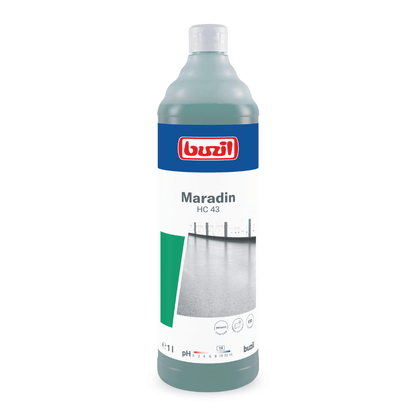 La bouteille de 1 litre Buzil Maradin HC 43 Nettoyant intensif polyvalent hautement concentré de BUZIL-WERK Wagner GmbH & Co. KG est idéale pour enlever les taches d'huile et de graisse sur les surfaces résistantes à l'eau. L'étiquette bleu-blanc-vert présente une image de fond et fournit des informations sur la valeur du pH du produit ainsi que des instructions d'utilisation.