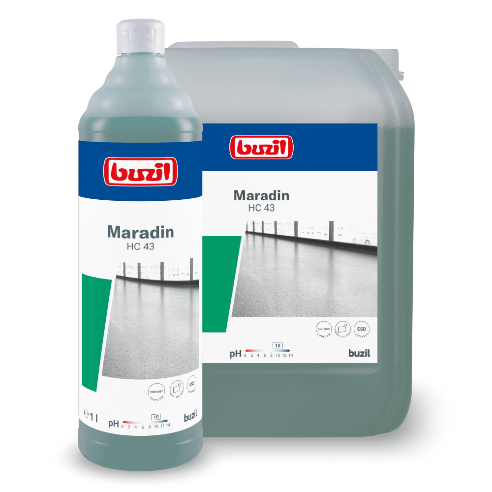 Illustration de deux contenants Buzil Maradin HC 43 Nettoyant intensif polyvalent hautement concentré de BUZIL-WERK Wagner GmbH & Co. KG. Sur le devant, une bouteille de 1 litre est illustrée, à l'arrière un bidon plus grand. Idéal pour enlever les résidus d'huile et de graisse sur les surfaces résistantes à l'eau. Les deux articles sont dotés d'une image de fond, d'informations sur le produit, du logo Buzil et de la valeur du pH.