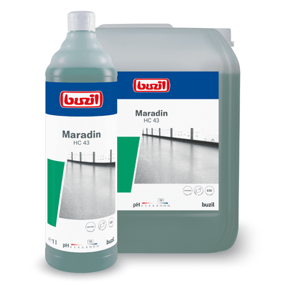 Illustration de deux contenants Buzil Maradin HC 43 Nettoyant intensif polyvalent hautement concentré de BUZIL-WERK Wagner GmbH & Co. KG. Sur le devant, une bouteille de 1 litre est illustrée, à l'arrière un bidon plus grand. Idéal pour enlever les résidus d'huile et de graisse sur les surfaces résistantes à l'eau. Les deux articles sont dotés d'une image de fond, d'informations sur le produit, du logo Buzil et de la valeur du pH.