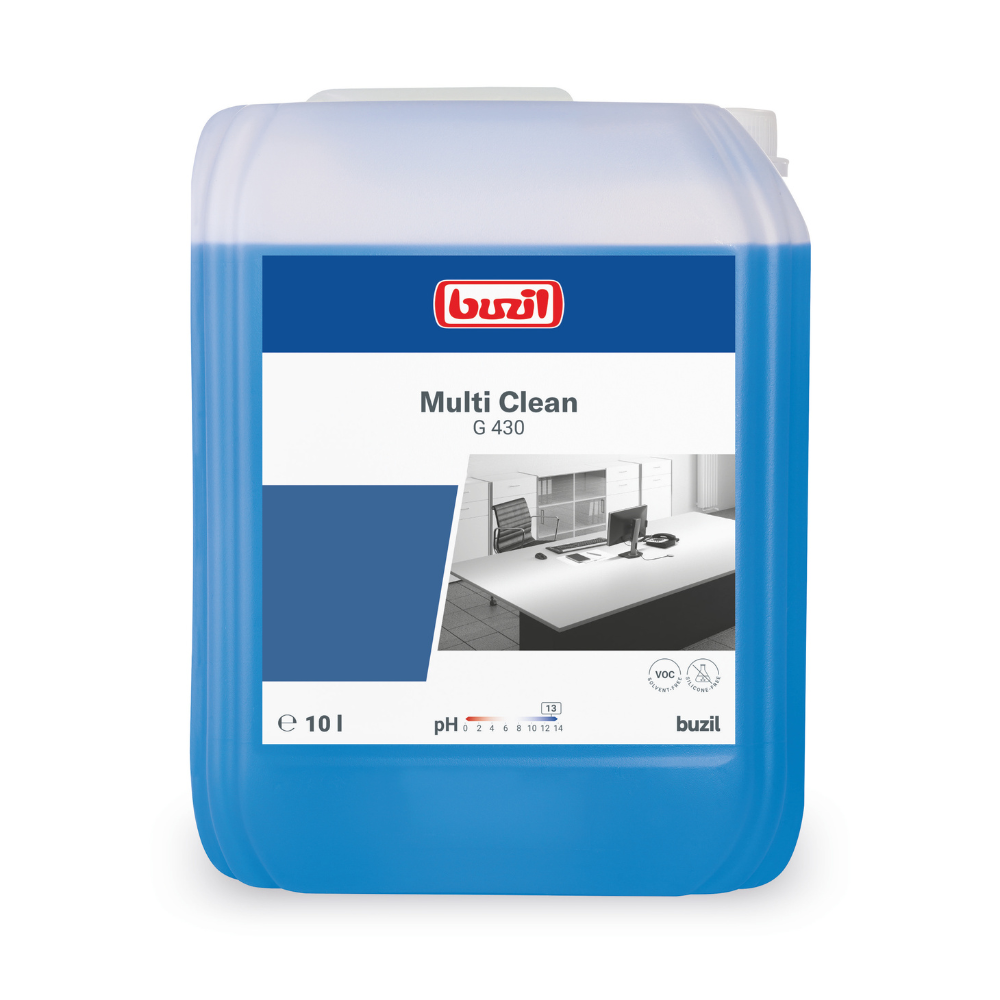Sur un récipient en plastique bleu avec une étiquette blanc-bleu est représenté le « Buzil Multi Clean G 430 Nettoyant intensif alcalin polyvalent » de BUZIL-WERK Wagner GmbH & Co. KG. Le motif d'un bureau étincelant souligne son efficacité en tant que nettoyant puissant. Le récipient a une capacité de 10 litres, ce qui le rend idéal pour l'élimination des salissures tenaces sur différentes surfaces.