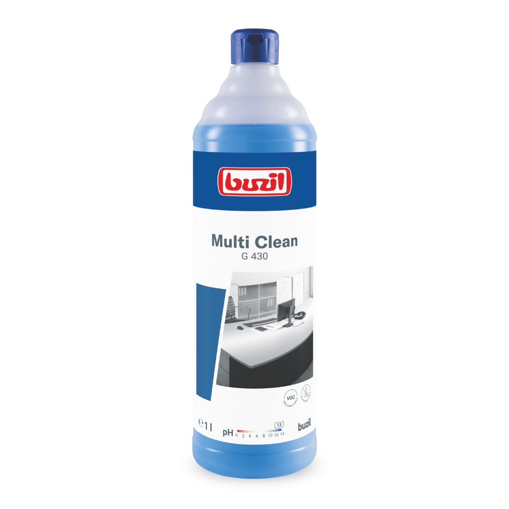 Une bouteille bleue de Buzil Multi Clean G 430 Nettoyant intensif alcalin polyvalent est exposée, avec une étiquette de marque rouge et une image en noir et blanc d'une pièce impeccable. Ce produit fabriqué par BUZIL-WERK Wagner GmbH & Co. KG est conçu comme un nettoyant intensif pour éliminer efficacement les salissures tenaces sur les surfaces résistantes aux alcalins. La bouteille est fournie avec un bouchon bleu assorti.