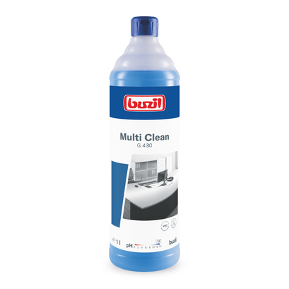 Une bouteille bleue de Buzil Multi Clean G 430 Nettoyant intensif alcalin polyvalent est exposée, avec une étiquette de marque rouge et une image en noir et blanc d'une pièce impeccable. Ce produit fabriqué par BUZIL-WERK Wagner GmbH & Co. KG est conçu comme un nettoyant intensif pour éliminer efficacement les salissures tenaces sur les surfaces résistantes aux alcalins. La bouteille est fournie avec un bouchon bleu assorti.