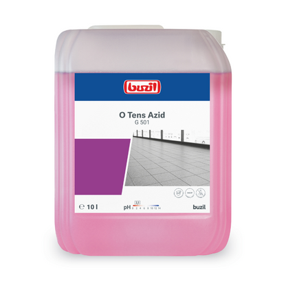 Contre les dépôts de calcaire, un bidon de 10 litres de Buzil O Tens Azid G 501, un nettoyant rose sans tensioactif de BUZIL-WERK Wagner GmbH & Co. KG, est efficace. L'étiquette présente le logo de la marque, le nom du produit, un pH de 1 et l'image d'un sol carrelé - idéal pour l'entretien des carreaux en grès cérame impeccables.