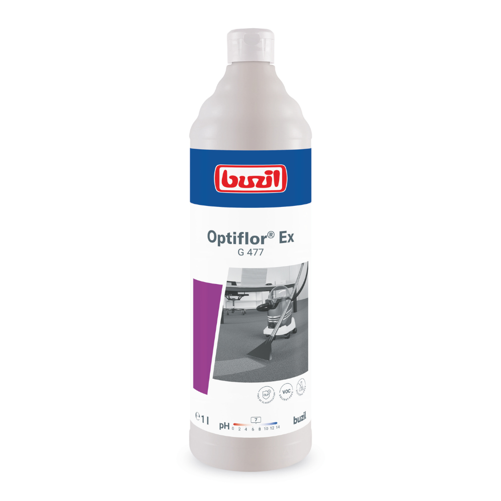 Eine 1-Liter-Flasche Buzil Optiflor® Ex G 477 Teppich-Grundreiniger von BUZIL-WERK Wagner GmbH & Co. KG, speziell für die Sprühextraktion entwickelt. Das Etikett zeigt das markante blau-rote Logo neben einem schwarz-weißen Bodenbild mit detaillierten Produktinformationen. Dieser pH-neutrale Reiniger eignet sich perfekt für vielseitige Reinigungsanwendungen.