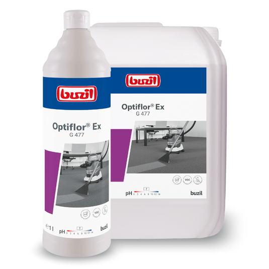 La photo montre deux récipients de Buzil Optiflor® Ex G 477, un nettoyant de base pour moquettes destiné au nettoyage par pulvérisation-extraction : un flacon blanc et un grand bidon, tous deux portant la marque BUZIL-WERK Wagner GmbH & Co. KG.