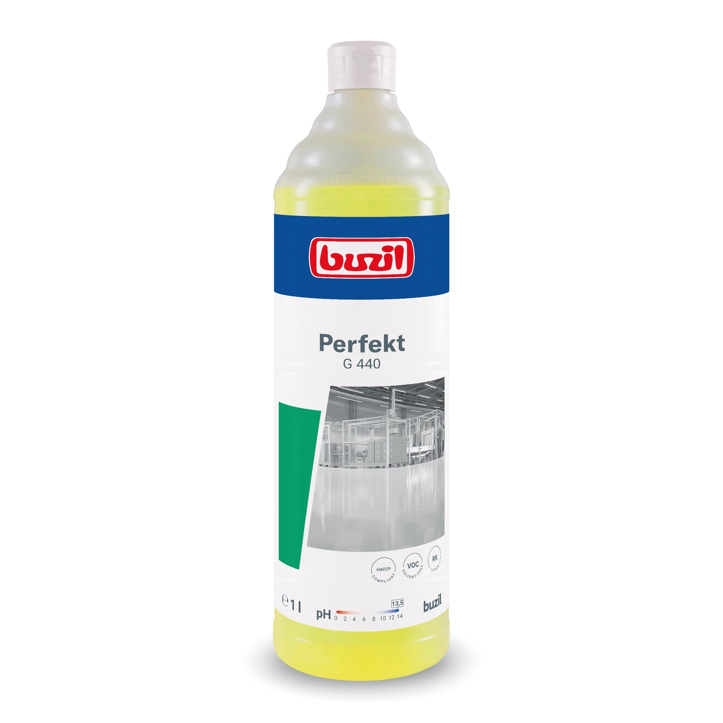 Une bouteille de 1 litre de nettoyant intensif alcalin Buzil Perfekt G 440 pour sols de BUZIL-WERK Wagner GmbH & Co. KG est parfaite pour le traitement des surfaces contenant de l'huile et de la graisse. L'étiquette combine des accents bleus, blancs et verts avec une image de salle blanche, montrant le pH et des symboles d'utilisation, et est fermée avec un bouchon blanc.