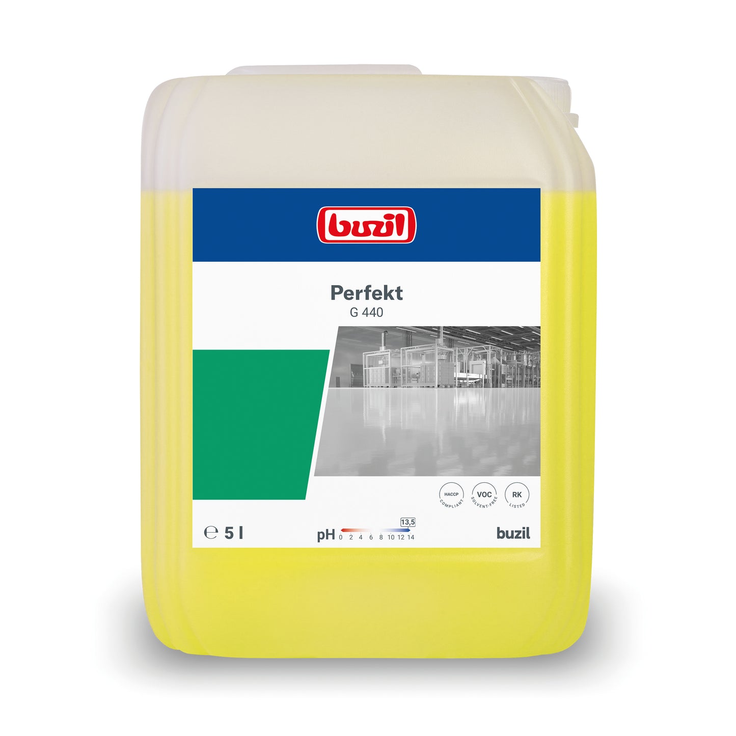 Un conteneur de 5 litres de nettoyant intensif alcalin Buzil Perfekt G 440 pour sols, fabriqué par BUZIL-WERK Wagner GmbH & Co. KG. L'étiquette met en avant le nom du produit, le volume et une image en niveaux de gris d'un environnement industriel. Ce conteneur de nettoyant pour sols est jaune avec une étiquette blanc-vert et idéal pour le traitement des surfaces tenaces.