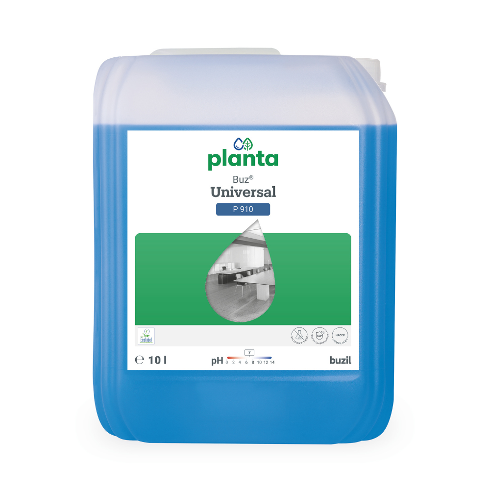 Un récipient de 10 litres avec liquide bleu, marqué comme « Buzil Planta Buz® Universal P 910 Nettoyant universel écologique », transmet une image de cuisine propre et souligne sa formule pH neutre avec 7. Le nom de la marque BUZIL-WERK Wagner GmbH & Co. KG est illustré en bas. Ce nettoyant tout usage est certifié avec le label écologique de l'UE.