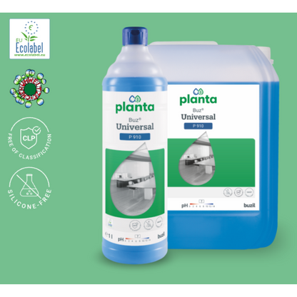 Sur l'image, devant un fond vert, on voit deux contenants avec des produits de nettoyage : une bouteille et un contenant plus grand avec le Nettoyant universel écologique Buzil Planta Buz® Universal P 910 de BUZIL-WERK Wagner GmbH & Co. KG. Les étiquettes mettent en évidence des caractéristiques telles que « EU Ecolabel », « sans silicone » et « pH neutre ». Le nettoyant universel est marqué comme un produit écologique.