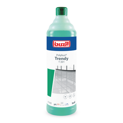 L'image montre une bouteille de 1 litre vert-blanc avec l'inscription « Buzil Polybuz® Trendy T 201 Nettoyant brillant à base d'alcool ». L'étiquette contient en haut un logo bleu-blanc de BUZIL-WERK Wagner GmbH & Co. KG, accompagné d'une petite image d'étagère ainsi que de texte supplémentaire et de symboles.