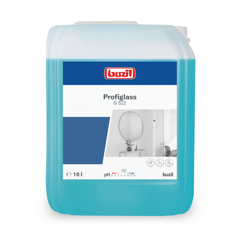 Un récipient de 10 litres de Buzil Profiglass G 522 nettoyant pour vitres et surfaces prêt à l'emploi de BUZIL-WERK Wagner GmbH & Co. KG. Ce liquide bleu assure une brillance sans traces et élimine efficacement les résidus graisseux. L'étiquette affiche fièrement le nom de la marque, le nom du produit et le pH, complété par l'image décorative d'un miroir rond.
