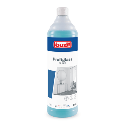 Une bouteille d'un litre de Buzil Profiglass G 522 nettoyant pour vitres et surfaces prêt à l'emploi assure une brillance sans traces. La bouteille translucide avec le liquide bleu est munie d'une étiquette blanche sur laquelle figurent le logo de la marque BUZIL-WERK Wagner GmbH & Co. KG, le nom du produit ainsi que des images d'un miroir de salle de bain et d'un lavabo, ce qui la rend parfaite pour combattre les résidus graisseux.