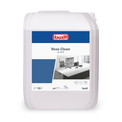 Le récipient en plastique blanc porte une étiquette bleue avec la marque « BUZIL-WERK Wagner GmbH & Co. KG » et le nom du produit « Buzil Reso Clean G 515 Nettoyant prêt à l'emploi en spray ». Il contient 10 litres de liquide et promet un éclat sans traces sur les surfaces de cuisine, ce qui le rend adapté comme nettoyant en spray pour des résultats impeccables.