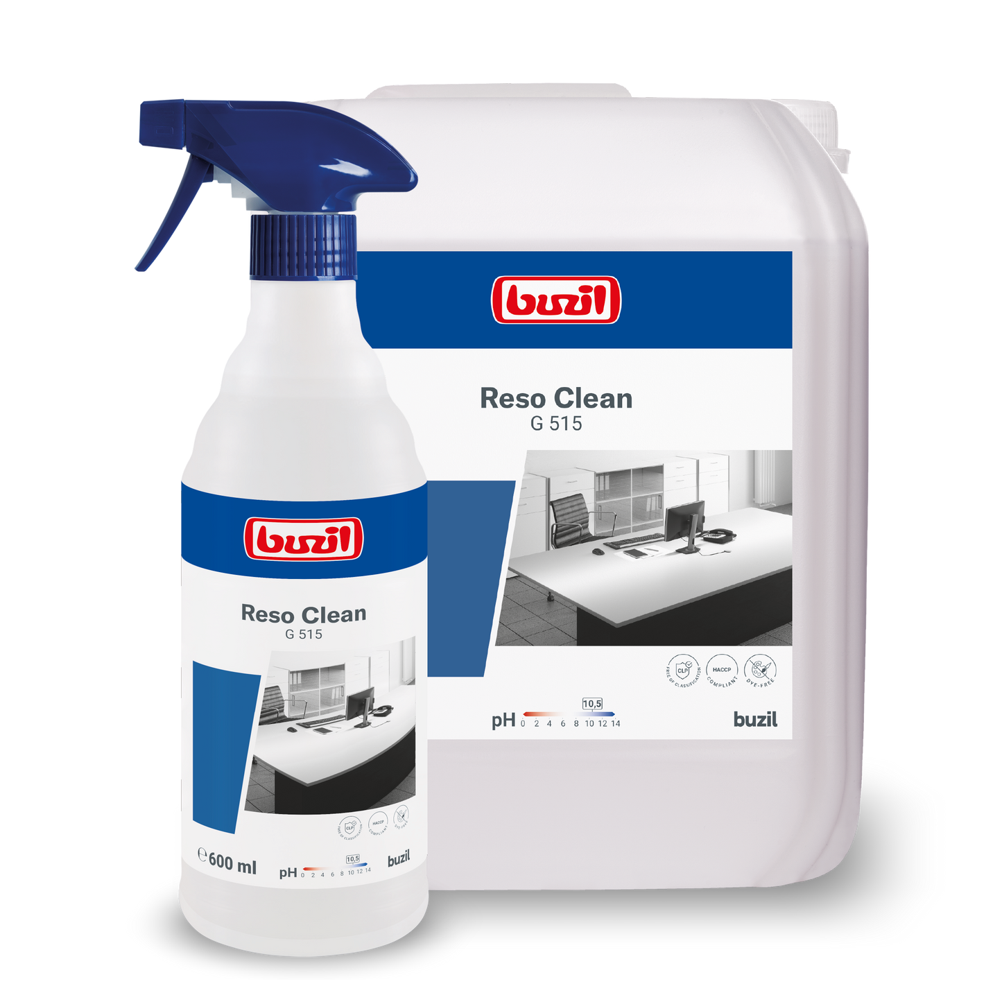 Deux conteneurs de Buzil Reso Clean G 515 Nettoyant prêt à l'emploi en spray de BUZIL-WERK Wagner GmbH & Co. KG sont montrés et soulignent leur nettoyage puissant. Le plus petit est un flacon pulvérisateur et le plus grand est un récipient de recharge. Les deux ont des étiquettes bleues avec des détails sur le produit et la marque pour un éclat sans traces.