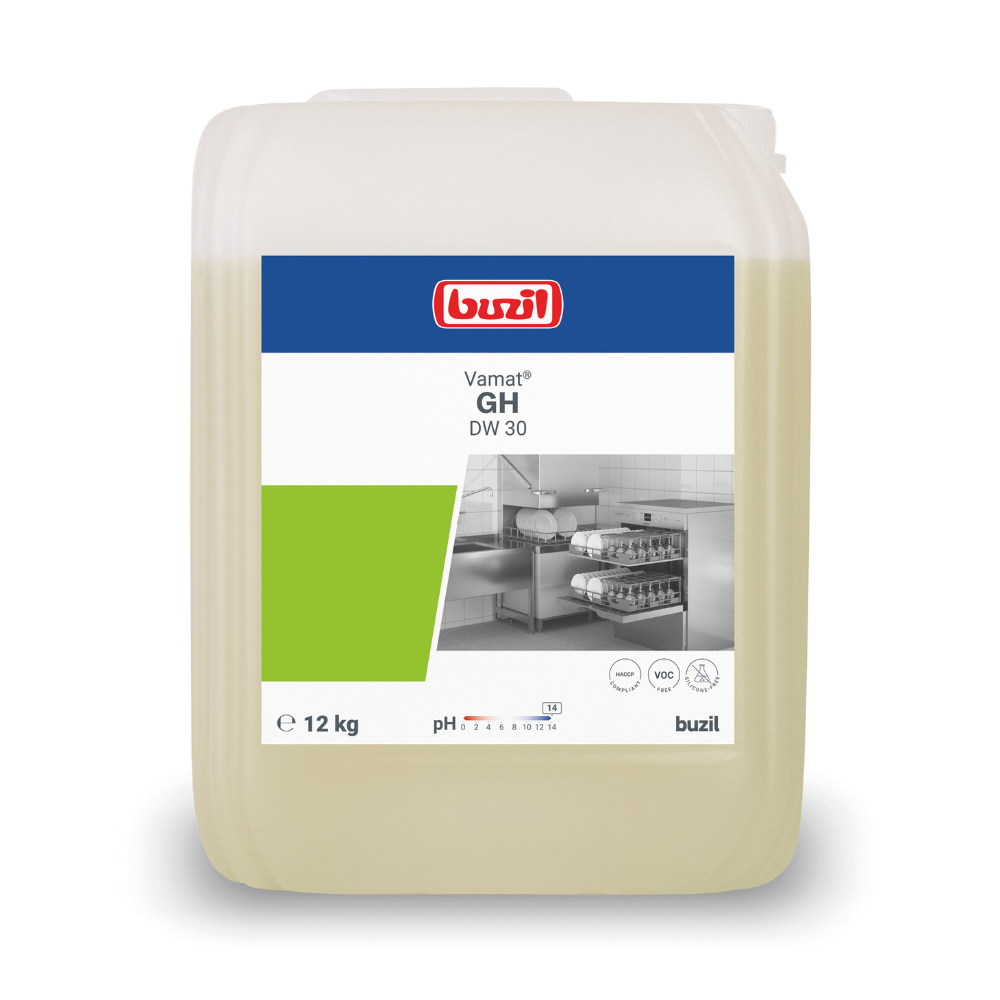 Sur un conteneur blanc de 12 kg portant l'inscription « Buzil Vamat® GH DW 30 Détergent liquide pour lave-vaisselle, hautement alcalin » de BUZIL-WERK Wagner GmbH & Co. KG, une étiquette avec une image du produit et des symboles pour le pH et les consignes de sécurité est apposée.