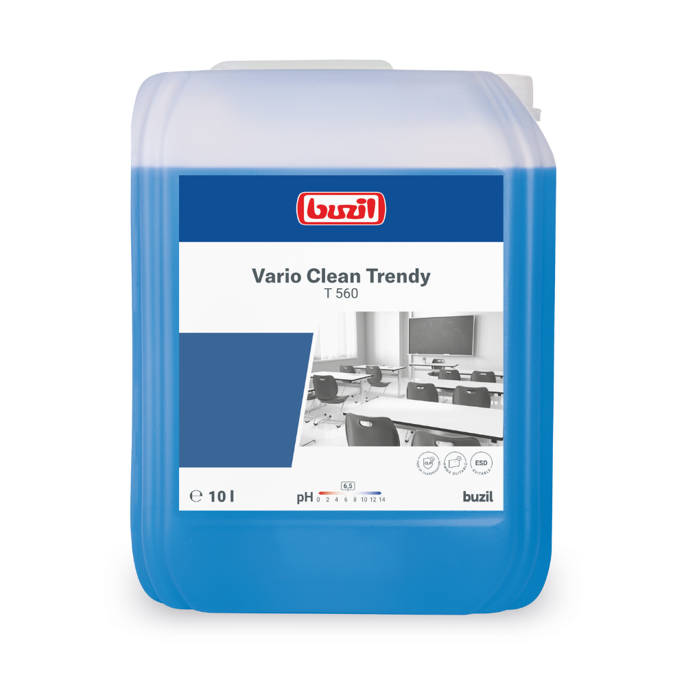 Un récipient de 10 litres de Buzil Vario Clean Trendy T 560 Nettoyant doux et plastique neutre de BUZIL-WERK Wagner GmbH & Co. KG offre un effet easy-to-clean pour un entretien sans effort. L'étiquette montre une image scolaire ainsi que des détails du produit tels que le pH et le volume. Le récipient bleu avec un bouchon blanc assure un éclat sans traces à chaque utilisation.