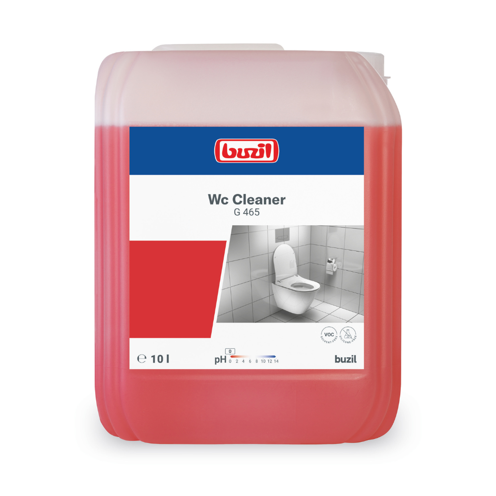 Un grand récipient de 10 litres avec Buzil WC Cleaner G 465 Nettoyant sanitaire visqueux de BUZIL-WERK Wagner GmbH & Co. KG contient un liquide rouge, parfait pour enlever le calcaire et les dépôts d'urine. L'étiquette contient le nom du produit, une description, des informations sur le pH et une image en niveaux de gris d'une toilette.